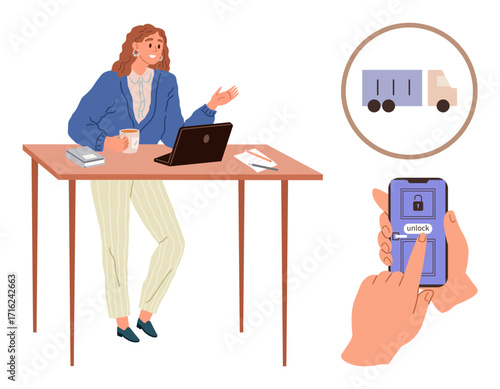 Woman standing at desk with laptop and coffee, tracking delivery via phone. Ideal for logistics, remote work, technology, business, e-commerce, efficiency, mobile management simple flat metaphor