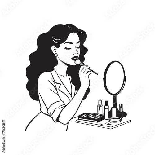 Black and white line art of a beautiful woman doing makeup at dressing table with mirror illustration