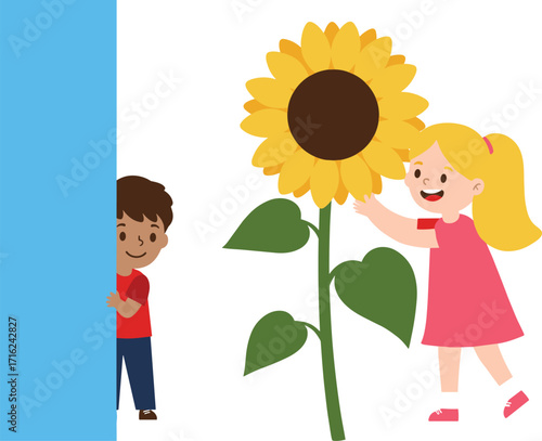 Cartoon children playing outdoors, boy hiding behind wall, girl touching sunflower, kids enjoying nature, fun summer activity, happy childhood illustration