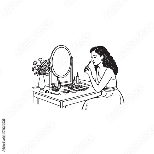 Black and white line art of a beautiful woman doing makeup at dressing table with mirror illustration