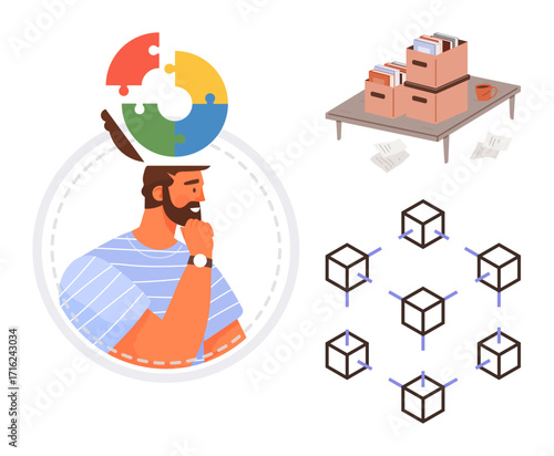 Man contemplating puzzle solution, organized document boxes on table, network of cubes for blockchain data flow. Ideal for brainstorming, organization, innovation, technology, data storage