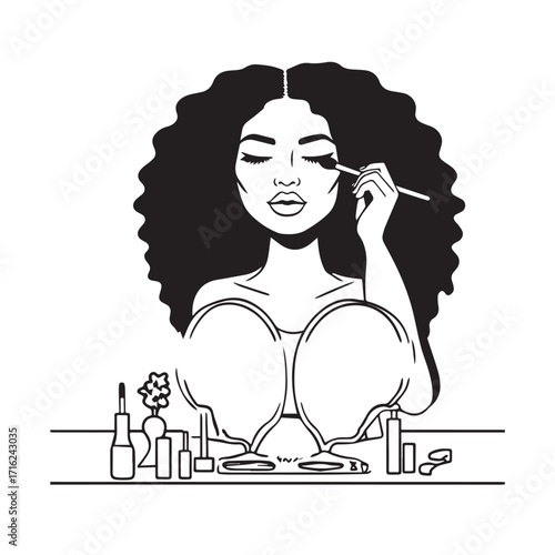 Black and white line art of a beautiful woman doing makeup at dressing table with mirror illustration
