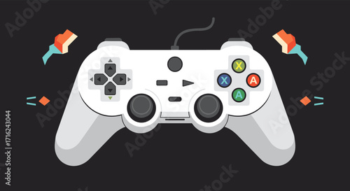 A white video game controller with colorful buttons and directional pads is depicted on a dark background.