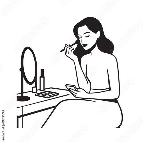 Black and white line art of a beautiful woman doing makeup at dressing table with mirror illustration