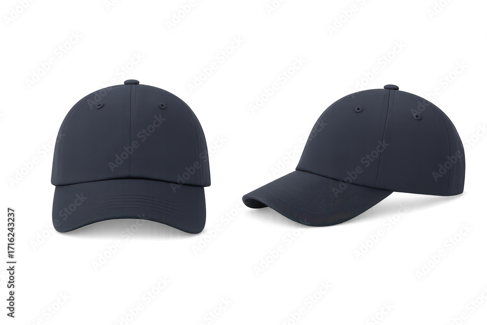 Fototapeta premium Navy blue baseball cap, front and side view isolated on transparent background