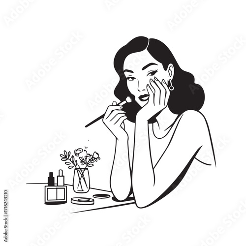 Black and white line art of a beautiful woman doing makeup at dressing table with mirror illustration