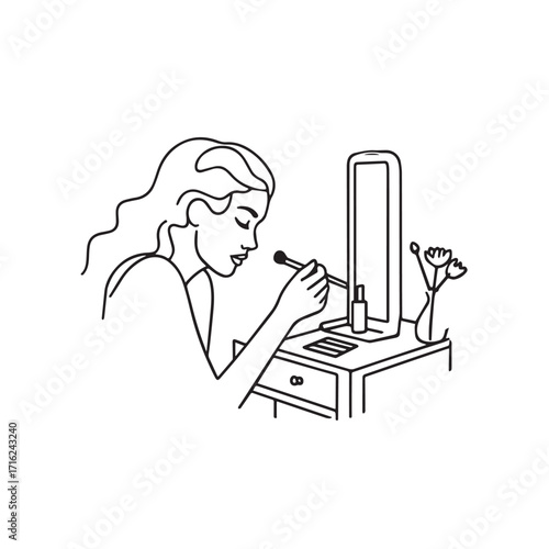 Black and white line art of a beautiful woman doing makeup at dressing table with mirror illustration
