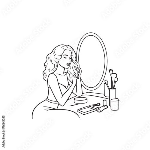 Black and white line art of a beautiful woman doing makeup at dressing table with mirror illustration