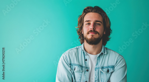Confident Young Man with Long Hair and Beard Against a Turquoise Background