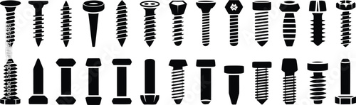 Collection of Black Silhouettes of Various Screws and Bolts