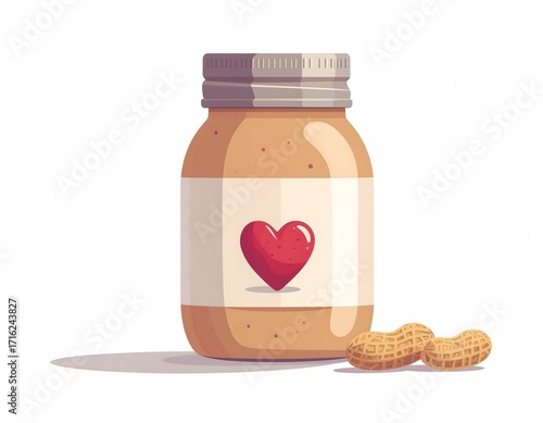 A jar of peanut butter with a heart on the label, accompanied by two peanuts, isolated on a white background.