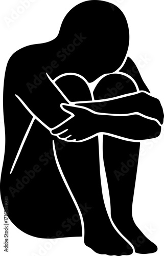 Minimalist Silhouette of Depressed Person Sitting Curled up with Knees to Chest Illustration