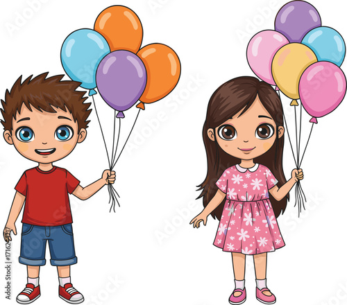 Cartoon happy children holding colorful balloons, boy and girl standing together, fun celebration, birthday party illustration, cheerful childhood festive concept