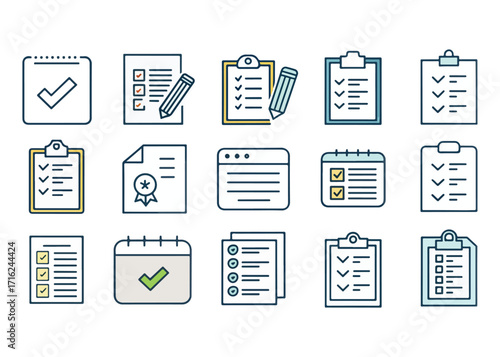 Collection of Checklist and Task Management Icons for Business and Organization Efficiency Detailed Vector Illustration