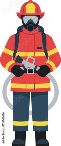 Flat Illustration Full Body Firefighter Holding Hose with Safety Equipment