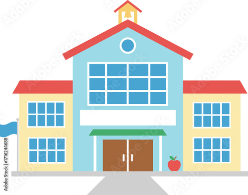 Simple Flat Design School Building with Apple and Flag Illustration