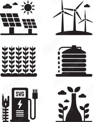 Green energy icons sustainable power farming and clean future