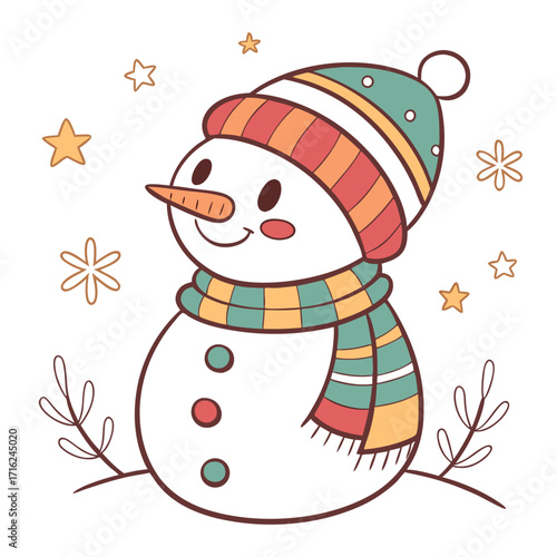 Cute christmas snowman illustration with simple colors and festive elements