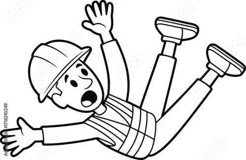 Worker falls down wearing safety helmet and vest expressing shock and danger