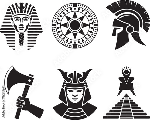 Historical warrior icons pharaoh samurai spartan axe pyramid