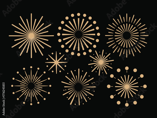 Golden firework bursts exploding night sky festive celebration abstract art pattern
