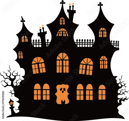 Halloween vector illustration, terrifying haunted castle, ghost shaped gate, black and orange tones
