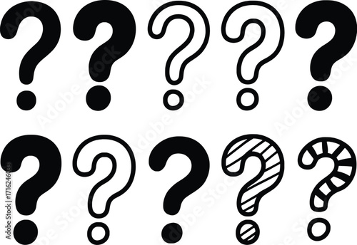 Collection of hand drawn question marks diverse styles symbolizing inquiry doubt uncertainty and mystery