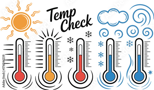 Thermometers showing hot and cold temperatures with sun and snowflakes