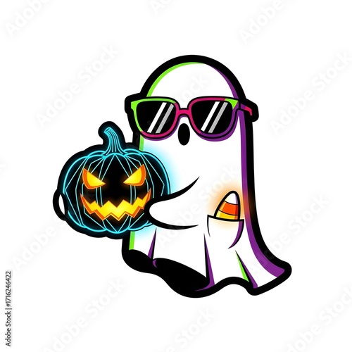Trendy ghost holding glowing pumpkin and wearing sunglasses halloween sticker printable on white