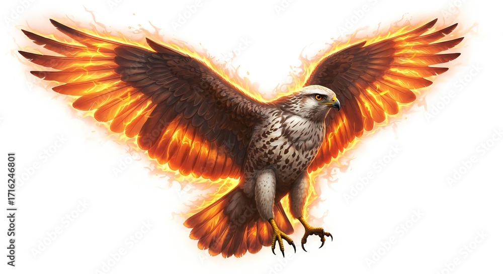 Fototapeta premium Majestic hawk with fiery wings, glowing flames, isolated on white background