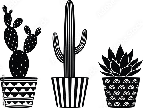 Stylized black and white cacti and succulent plants in decorative pots graphic