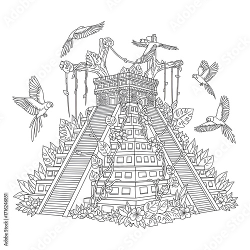 Line art of the mayan pyramid chichen itza with birds flying around it