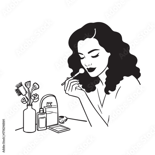 Black and white line art of a beautiful woman doing makeup at dressing table with mirror illustration
