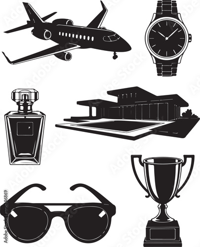 Luxury lifestyle symbols: jet, house, watch, trophy, perfume, glasses