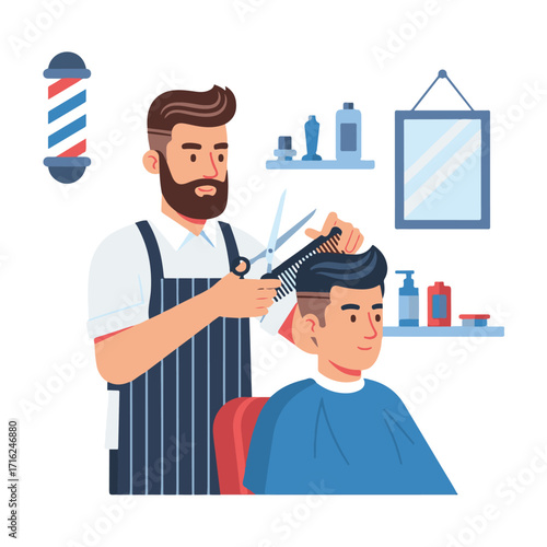 A barber with a beard cuts a customer's hair using scissors and a comb in a barbershop setting.