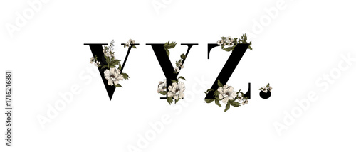 Set of flower alphabet. Collection of stylized floral letters and numbers with botany elements. Wedding font. Vector illustration of spring font for postcards.