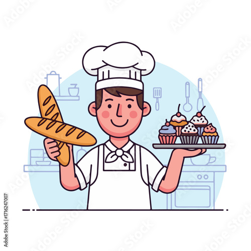 Cartoon illustration of a smiling baker holding a tray of cupcakes and two baguettes in a kitchen setting.