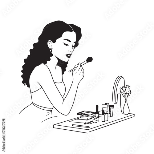 Black and white line art of a beautiful woman doing makeup at dressing table with mirror illustration
