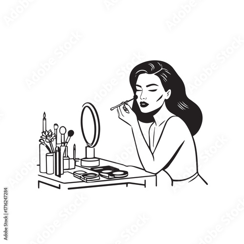 Black and white line art of a beautiful woman doing makeup at dressing table with mirror illustration

