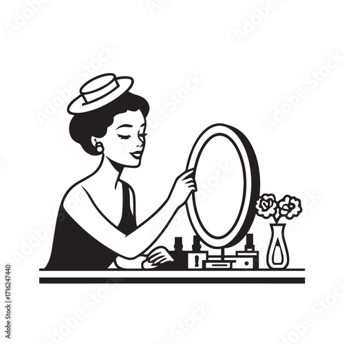 Black and white line art of a beautiful woman doing makeup at dressing table with mirror illustration

