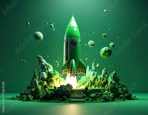 Green rocket launching from a sculpted green landscape