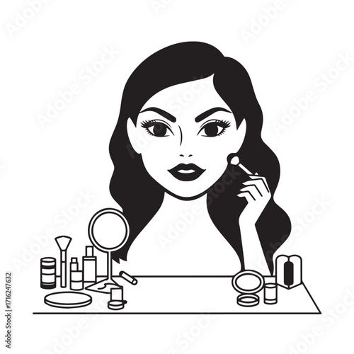 Black and white line art of a beautiful woman doing makeup at dressing table with mirror illustration
