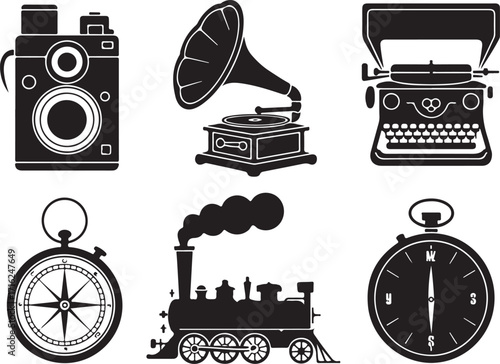 Vintage icons camera, train, typewriter, compass, gramophone