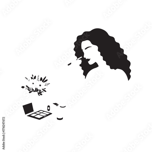 Black and white line art of a beautiful woman doing makeup at dressing table with mirror illustration

