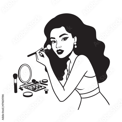 Black and white line art of a beautiful woman doing makeup at dressing table with mirror illustration
