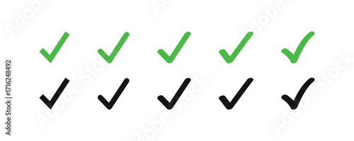 Vector check mark icon set. A collection of solid green and black symbols in various styles, perfect for approval, done, and correct signs