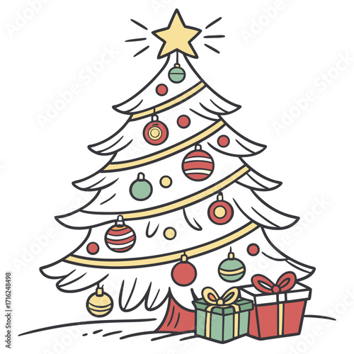 Festive christmas tree illustration with clean colors and festive elements