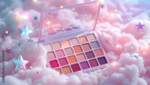 Eye shadow palette nestled in a fluffy dreamscape with celestial accents and soft pastel hues