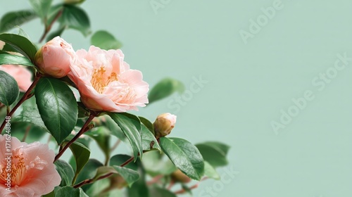 Soft Pink Camellia Flower with Green Leaves on Pastel Background
