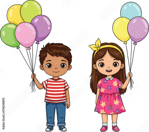 Cartoon children holding colorful balloons, happy boy and girl standing together, cute party celebration illustration, festive childhood joy, birthday fun